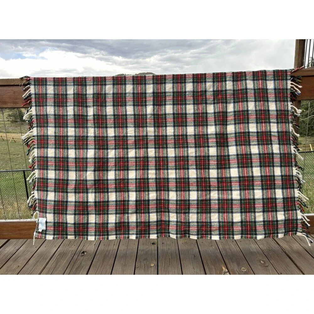 Vintage Coming Home with Lands' End Wool Plaid Tartan Throw Blanket Fringed USA